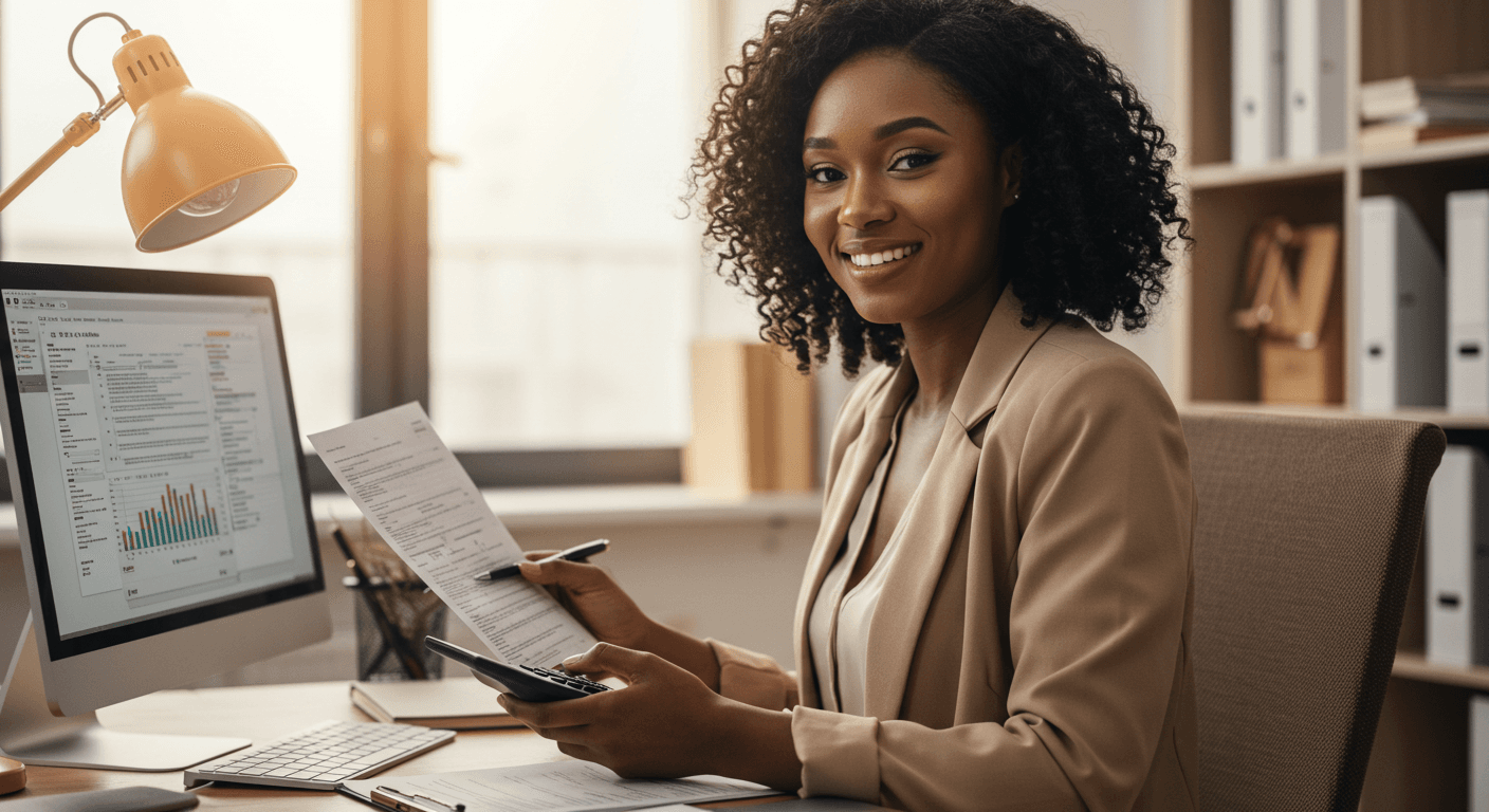 A tax professional reviewing documents at her desk
