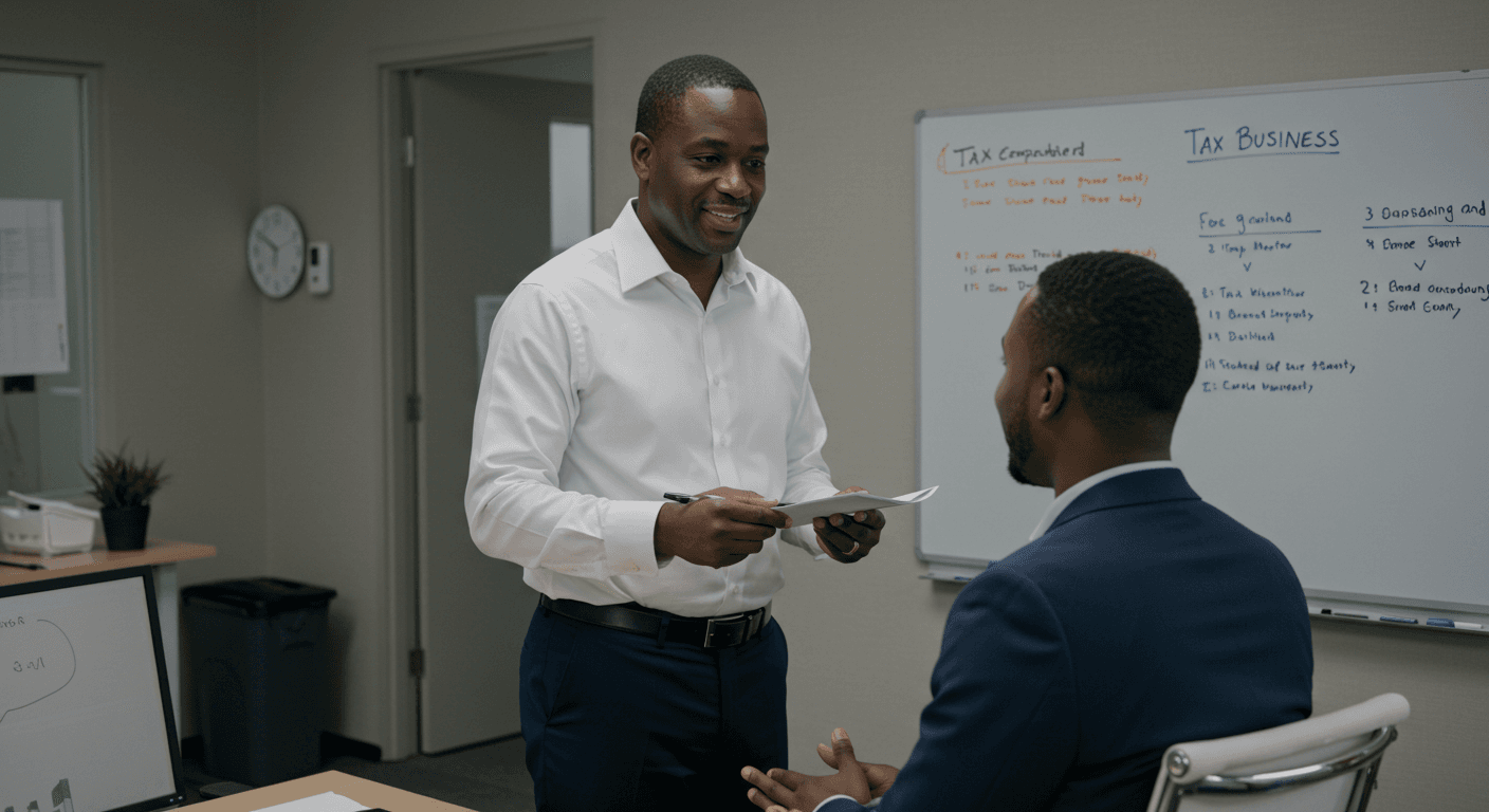 A mentor training a new tax preparer at a whiteboard